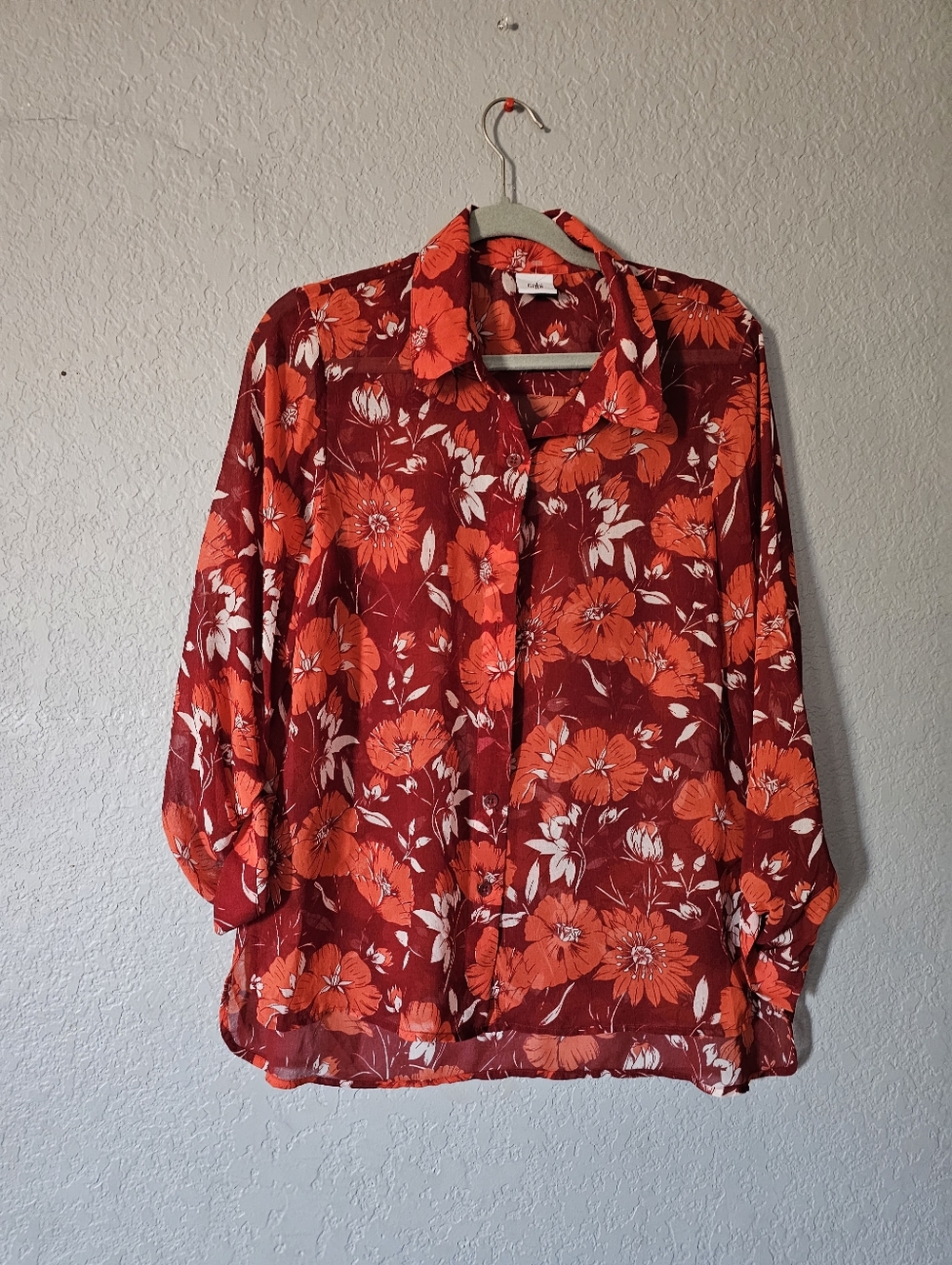 CAbi Red Button-Down Blouse with Orange Floral Print